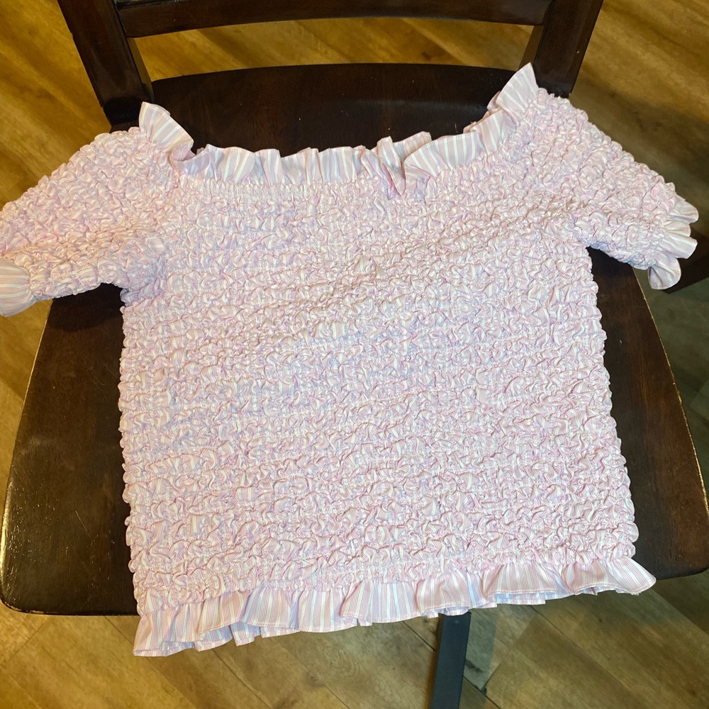 Petersyn Top Womens Medium pink Smocked Cropped Stretch Casual Ruffle Ladies